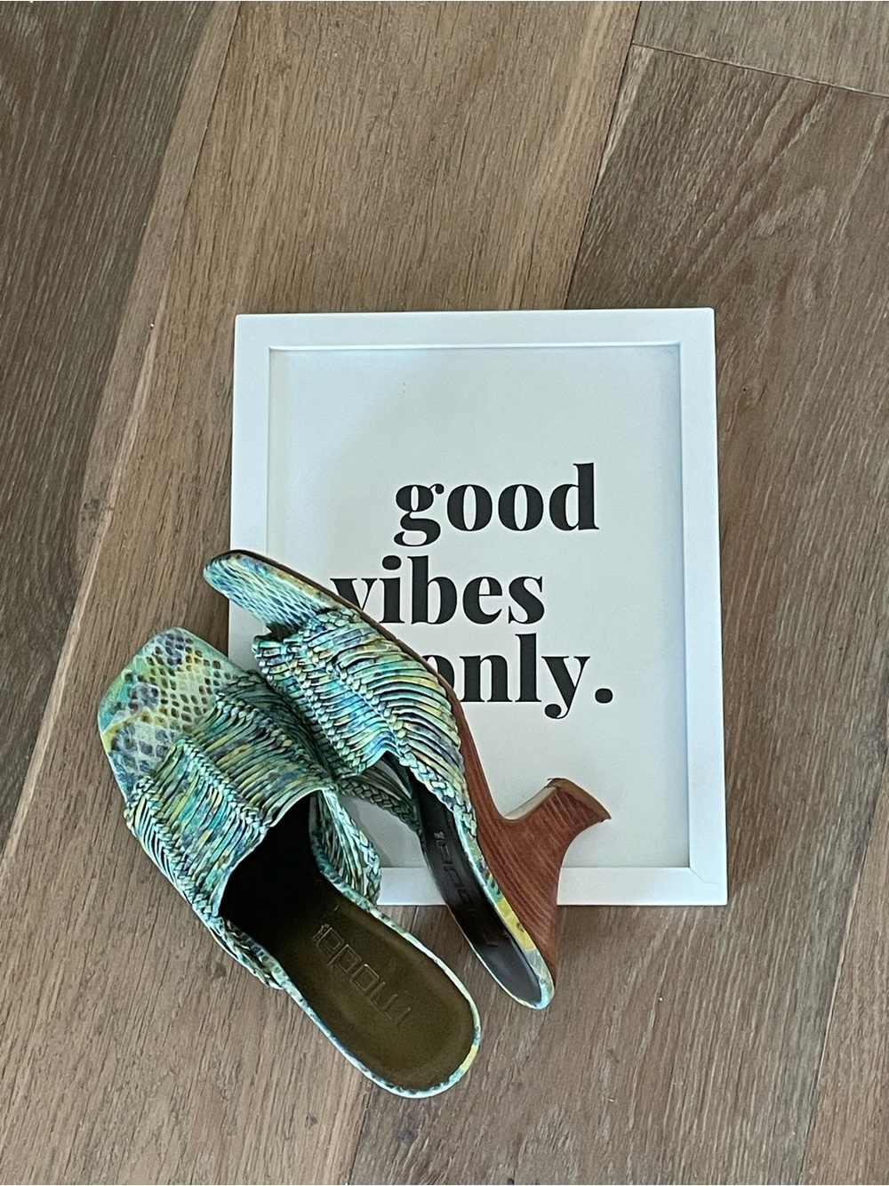 Moda Spana Green and Blue Woven Snake-Print Slip-On Wedge Heels
Sandals